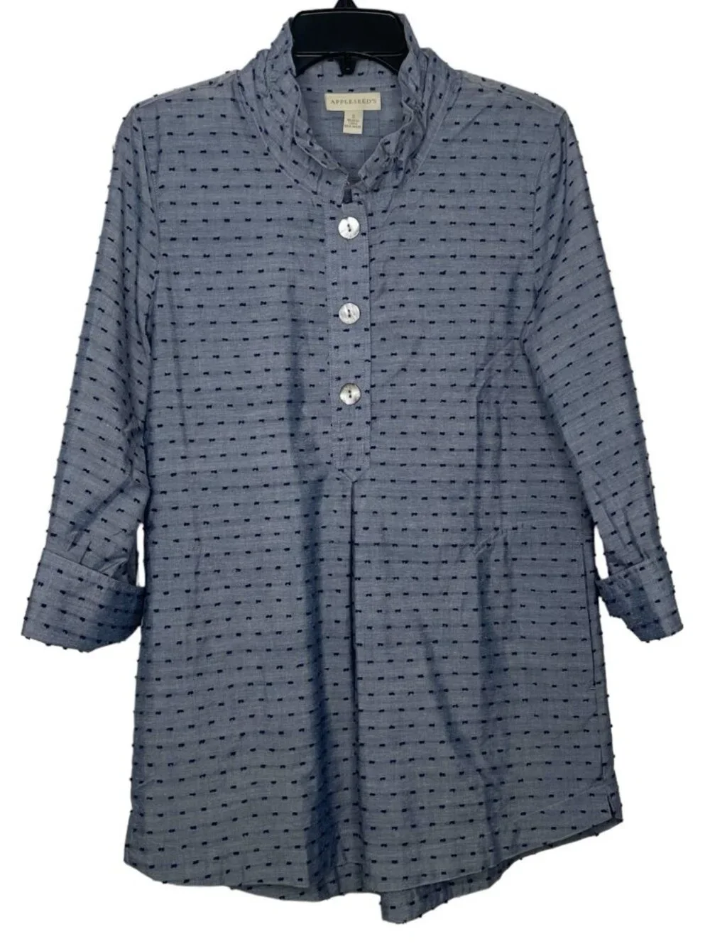 Appleseed's Womens Tunic Size Small Clip-Dot Ruffled Collar 3/4 Sleeve Side Slit - Picture 1 of 6